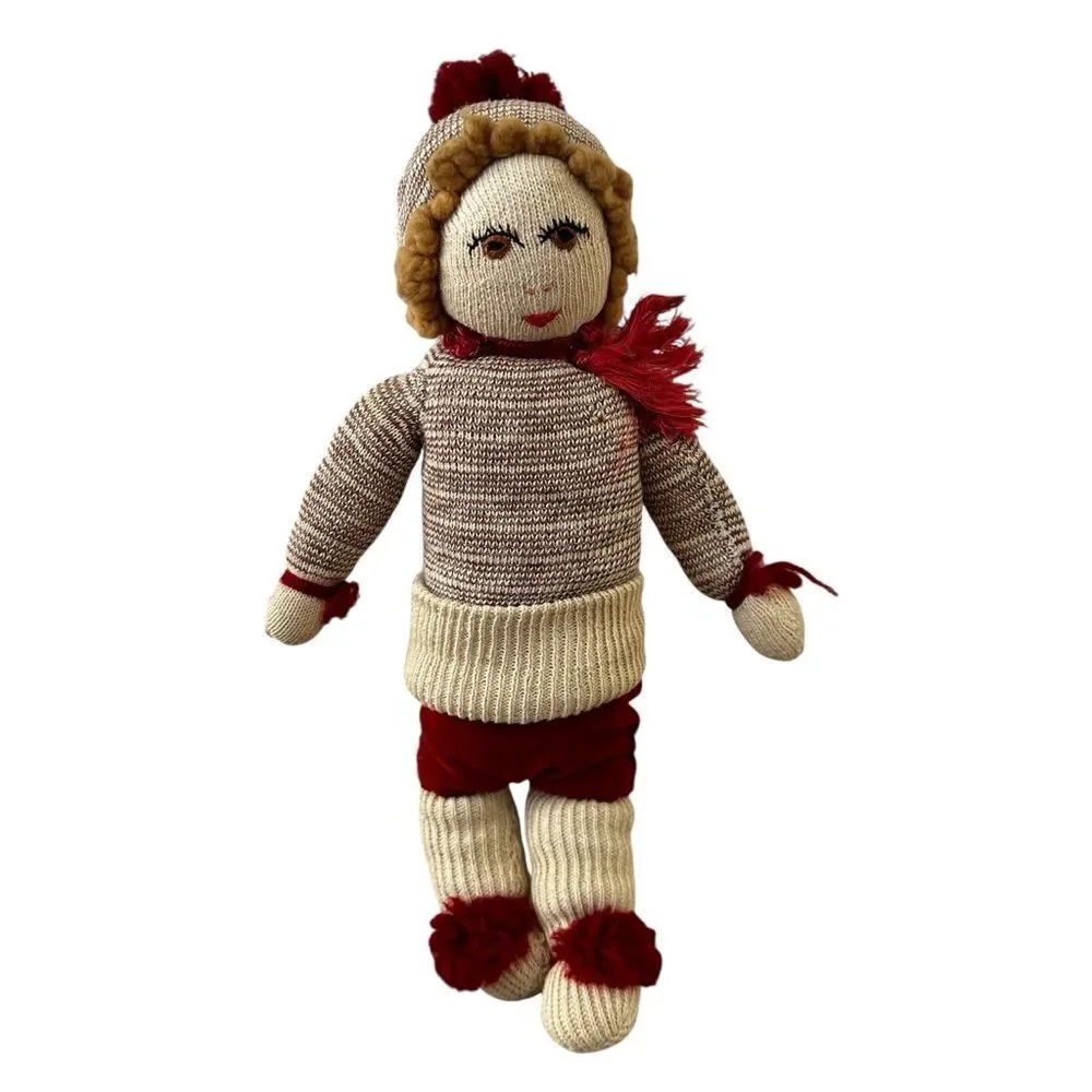 Vintage Handmade Knitted Cloth Doll Scandinavian Folk Art Winter Outfit